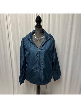 Big Chill Jacket Womens 1X Blue Hooded Zippered Fuzzy Lined Windbreaker Coat